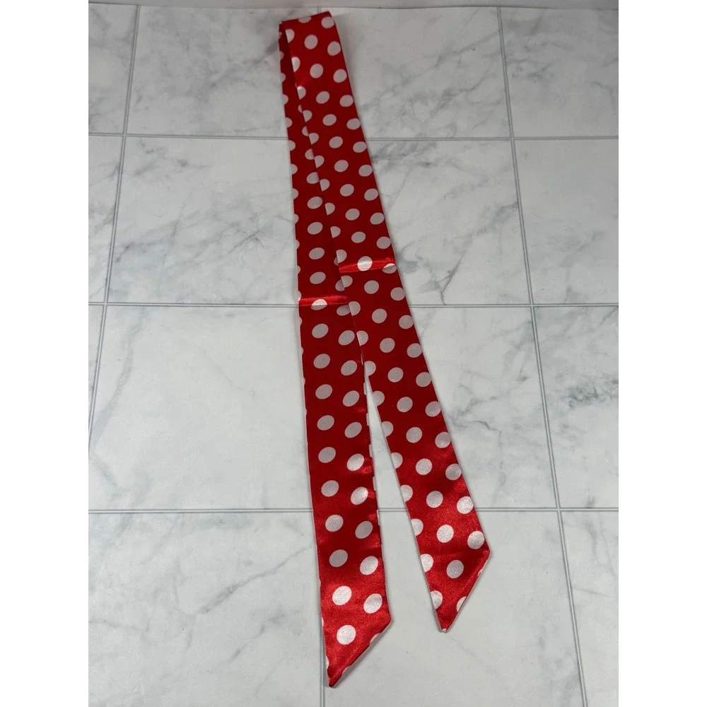 Red White Polka Dot Skinny Scarf Satin Feel Neck Tie Headband Accessory New